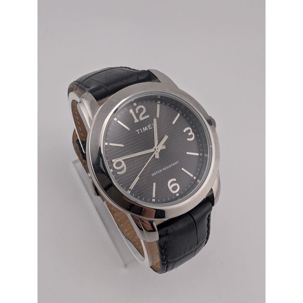 Timex Men's Watch 39mm Silver Case Black Croco Leather Band- New Battery